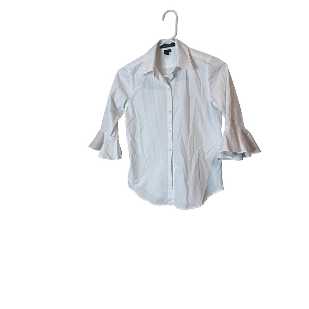 Lauren Ralph Lauren Shirt Womens Petite Small White Button Front Ruffle Sleeve